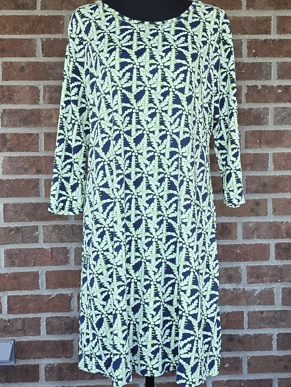 Lulu-B Navy Dress with Lime Palm Tree Pattern - 3/4 Sleeve Shift